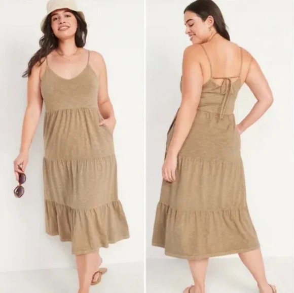 Old Navy Tan Brown Tie-Back Tiered Midi Cami Swing Dress - Picture 3 of 6